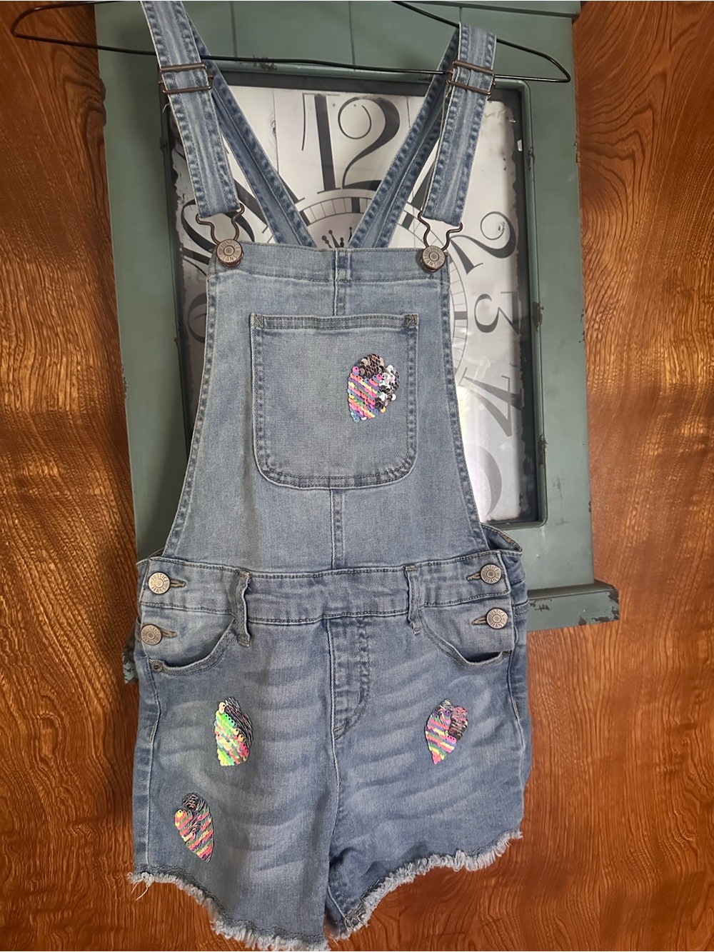 Justice Light Blue Denim Sequin Heart Short Overalls